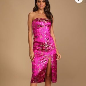 Make a Move Magenta Satin Floral Jacquard Strapless Midi Dress